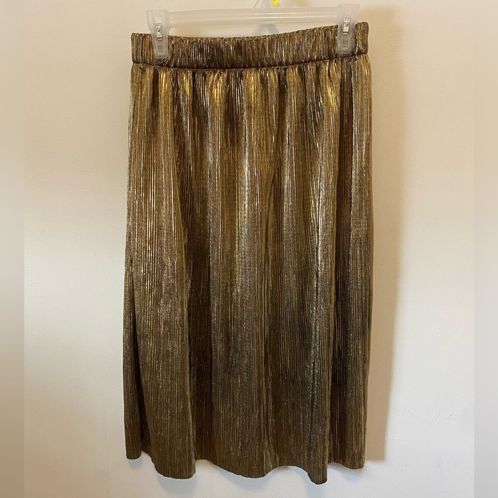 Trafaluc Collection by Zara Metallic Gold Lame Crinkle Slim Midi Skirt large